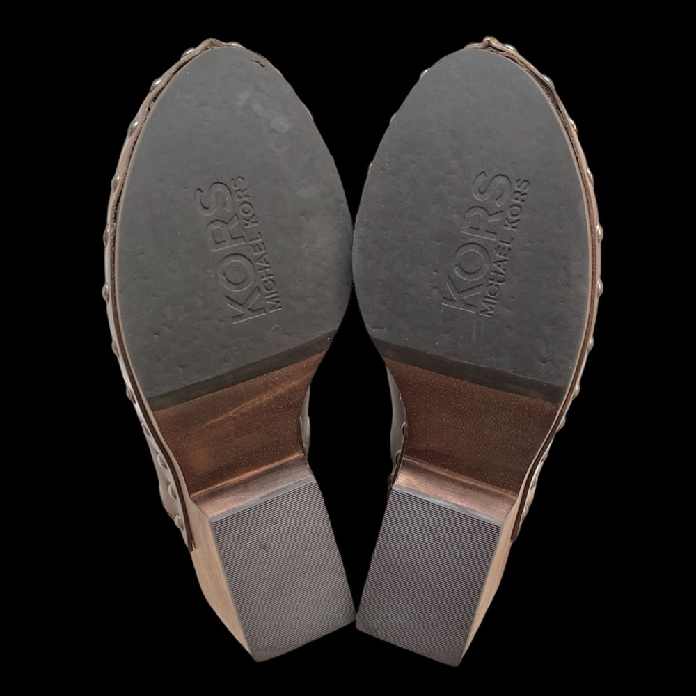 KORS Michael Kors Tan Leather Wooden Heel Clogs - Picture 6 of 10